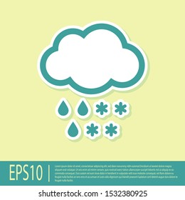 Green Cloud with snow and rain icon isolated on yellow background. Weather icon.  Vector Illustration
