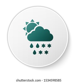 Green Cloud with snow and rain icon isolated on white background. Weather icon. White circle button. Vector Illustration