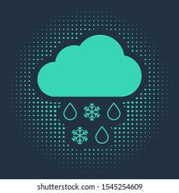 Green Cloud with snow and rain icon isolated on blue background. Weather icon. Abstract circle random dots. Vector Illustration