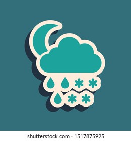 Green Cloud with snow, rain and moon icon isolated on blue background. Weather icon. Long shadow style. Vector Illustration