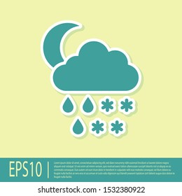Green Cloud with snow, rain and moon icon isolated on yellow background. Weather icon.  Vector Illustration