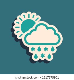 Green Cloud with snow, rain and sun icon isolated on blue background. Weather icon. Long shadow style. Vector Illustration