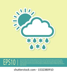 Green Cloud with snow, rain and sun icon isolated on yellow background. Weather icon.  Vector Illustration