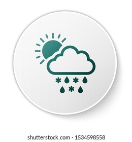 Green Cloud with snow, rain and sun icon isolated on white background. Weather icon. White circle button. Vector Illustration