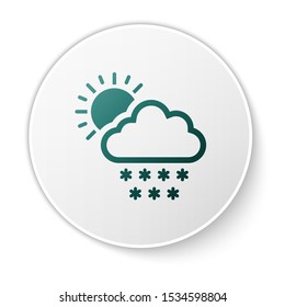 Green Cloud with snow and sun icon isolated on white background. Cloud with snowflakes. Single weather icon. Snowing sign. White circle button. Vector Illustration