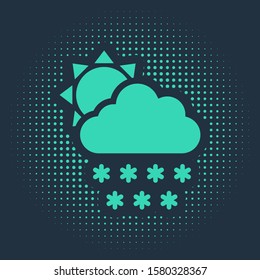 Green Cloud with snow and sun icon isolated on blue background. Cloud with snowflakes. Single weather icon. Snowing sign. Abstract circle random dots. Vector Illustration