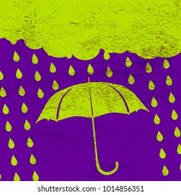 green clouds with umbrella and rain drops on ultra violet background