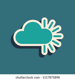 Green Cloudy icon isolated on blue background. Long shadow style. Vector Illustration