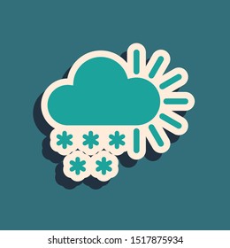 Green Cloudy with snow icon isolated on blue background. Cloud with snowflakes. Single weather icon. Snowing sign. Long shadow style. Vector Illustration