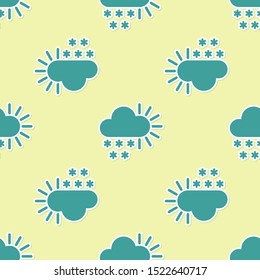 Green Cloudy with snow icon isolated seamless pattern on yellow background. Cloud with snowflakes. Single weather icon. Snowing sign.  Vector Illustration