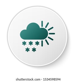 Green Cloudy with snow icon isolated on white background. Cloud with snowflakes. Single weather icon. Snowing sign. White circle button. Vector Illustration