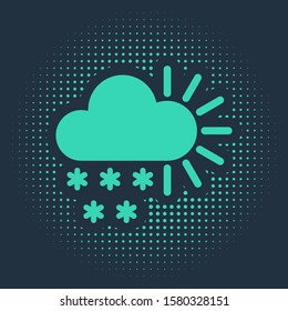Green Cloudy with snow icon isolated on blue background. Cloud with snowflakes. Single weather icon. Snowing sign. Abstract circle random dots. Vector Illustration