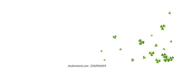 Green Clover Air Vector White Panoramic Background. Malachite Foliage Saint Patrick Pattern. Stream Leaves Backdrop. Spring Shamrock Falling Illustration.