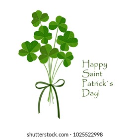 Green clover bouquet on white background. St Patrick day greeting card. Irish. Vector flat illustration.