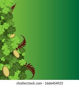 Green clover, burgundy fern, gold coins on a green background for cards and banners for St. Patrick's Day