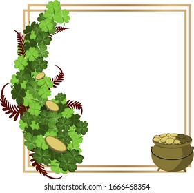 Green clover, burgundy fern, gold coins, a pot of gold and a gold double frame for cards and banners for St. Patrick's Day
