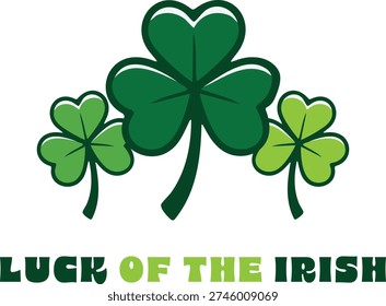 Green clover card with luck of the irish text and multiple shamrocks in a cheerful style
