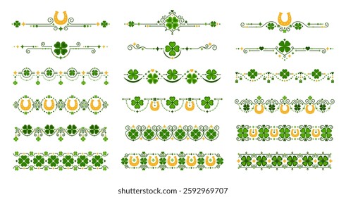 Green clover dividers and border line patterns. Vector set of st Patrick day trims with lucky four leaf clover plants and horseshoes for Irish festival. Decorative ornaments with green grass clover