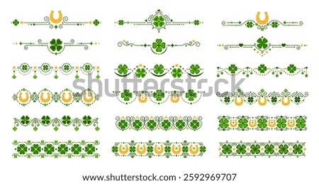 Green clover dividers and border line patterns. Vector set of st Patrick day trims with lucky four leaf clover plants and horseshoes for Irish festival. Decorative ornaments with green grass clover