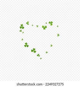 Green Clover Falling Vector Transparent Background. Malachite Foliage Wind Template. Minimal Shamrock Wallpaper. Bright Leaves Isolated Design.