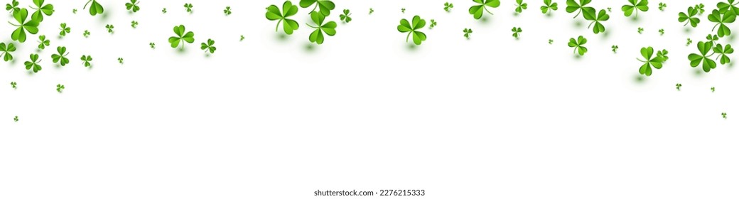 Green Clover Fly Vector White Panoramic Background. Malachite Leaf Holiday Design. Air Leaves Illustration. Olive color Foliage Minimal Wallpaper.