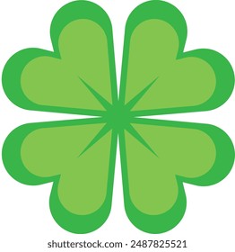 A green clover with four green hearts. The clover is a symbol of good luck and is often associated with St. Patrick's Day. Flat shamrock icon. Clover Vector Illustration. 