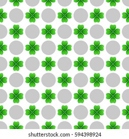 Green clover with four leaves and grey circles on white background. St Patricks Day geometry seamless pattern. Vector tileable design element.