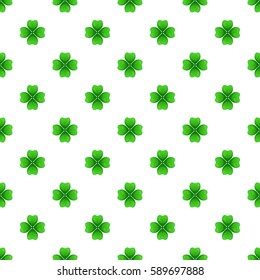 Green clover with four leaves. St Patricks Day seamless pattern. Vector tileable design element.
