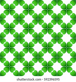 Green clover with four leaves. St Patricks Day seamless pattern. Vector tileable design element.