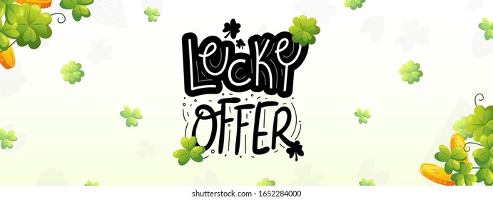 Green clover and golden coins with ad text. Saint Patrick Day vector holiday banner design.