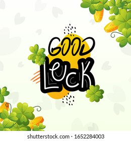 Green clover and golden coins with ad text. Saint Patrick's Day vector holiday background design.