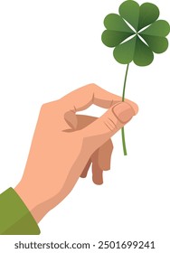 Green clover in hand. A drawing of a green three-leaf clover held in a hand. Trifolium.