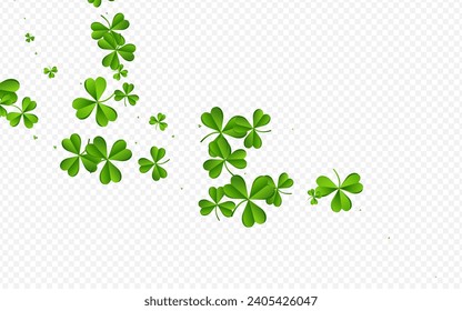 Green Clover Holiday Vector Transparent Background. Bright Leaves Isolated Template. Falling Shamrock Backdrop. Malachite Leaf Stream Pattern.