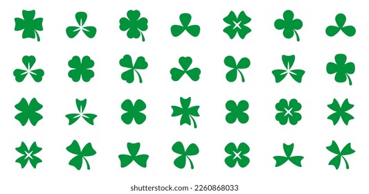 Green clover icons. Clover leave icons collection. Clover leaf vector icons. Four leaf clover icons. Vector EPS 10