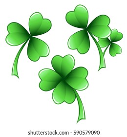 Green clover isolated over white leaves vector illustrations set. St. Patrick's day objects.