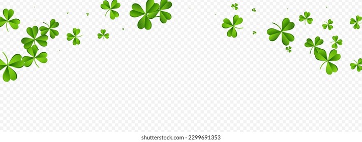 Green Clover Isolated Vector Transparent Panoramic Background. Olive color Leaf Holiday Template. Wind Foliage Design. Spring Shamrock Fly Pattern.