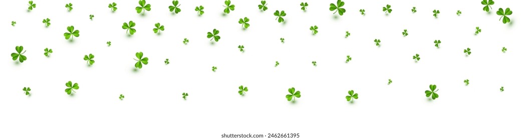 Green Clover Isolated Vector White Panoramic Background. Malachite Leaves Stream Design. Air Shamrock Backdrop. Olive color Leaf Fly Pattern.