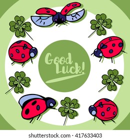 Green clover and ladybugs. Green background. Vector illustration.