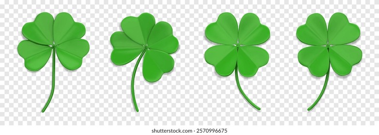 Green clover leaf 3D. Quatrefoil leaves. Shamrock symbol of lucky and Irish holiday St. Patrick Day. Design element isolated on a transparent background