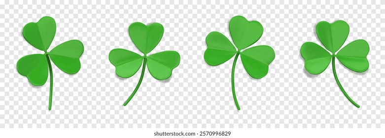 Green clover leaf 3D. Trefoil leaves. Shamrock symbol of lucky and Irish holiday St. Patrick Day. 3D icons shamrock with three leaves. Design element isolated on a transparent background