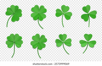 Green clover leaf 3D. Trefoil and quatrefoil. Shamrock symbol of lucky and Irish holiday St. Patrick Day. 3D icons with shamrock leaves. Design element isolated on a transparent background