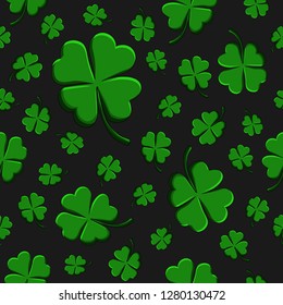 Green clover leaf decorative on a dark black background. Doodle St Patricks Day Seamless Pattern. Hand drawn vector sign luck. Funny festive card for the holiday. Elegant clip-art background.