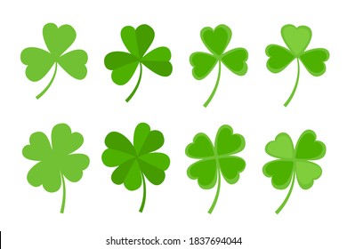 Green clover leaf flat style design vector illustration set. St Patricks Day shamrock symbols decorative elements.