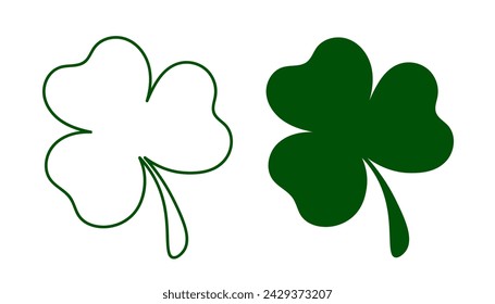 Green Clover leaf isolated on transparent background. Contour and solid fill. Flat style design elements. Happy St. Patrick's day. Vector illustration
