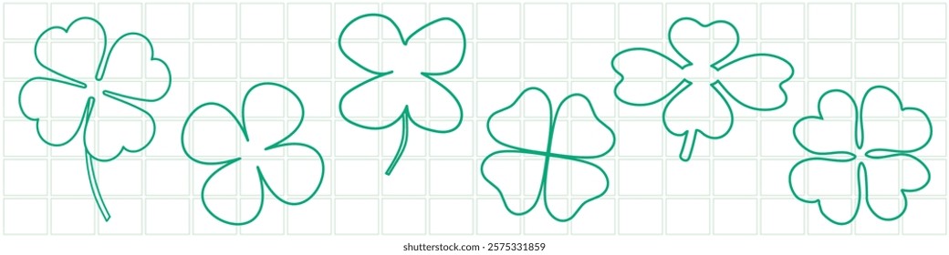 Green clover leaf outlines on a grid background. Clover leaf pattern with simple outlines. Clover leaf design on a light grid. Isolated illustration elements, vector set.