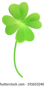 Green clover leaf quatrefoil lucky isolated on white. Vector cartoon illustration