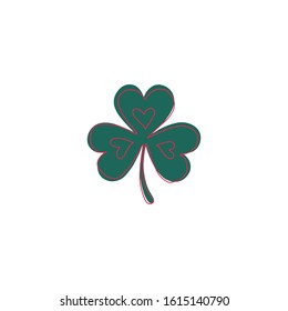 Green clover leaf with red linear heart decor. Hand drawn vector illustration. Perfect for St. Patrick's Day.