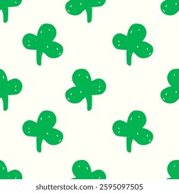 Green Clover Leaf Seamless Pattern. Hand drawn botanical background with crayon or chalk drawing texture. Repeat vector illustration in childish style