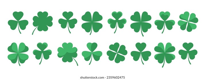 Green clover leaf set. Lucky shamrocks and four petals clovers emblems, irish 3 and 4 leaves decoration happiness signs, ireland luck symbols isolated vector illustration