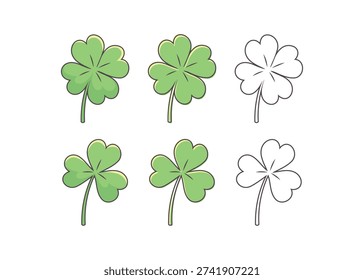 Green clover leaf set. Lucky shamrocks and four petals clovers emblems, irish 3 and 4 leaves decoration happiness signs, ireland luck symbols. Vector illustration